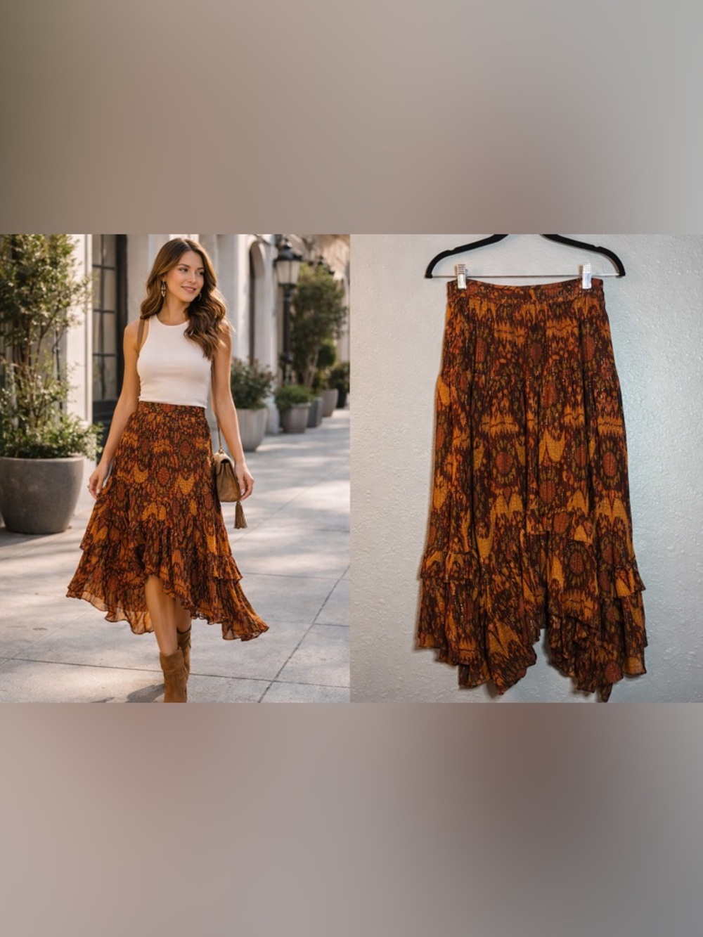 Ulla Johnson Boho Tiered Midi Skirt | Rust Orange Metallic Thread | Size 2